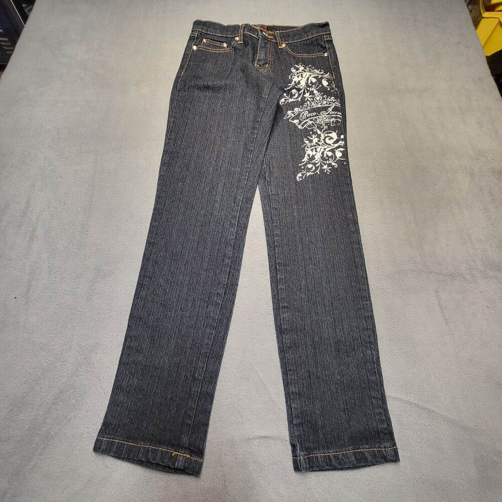 Paco Jeans Juniors 7 Blue Straight Leg Graphic Print Stretch Denim Distressed